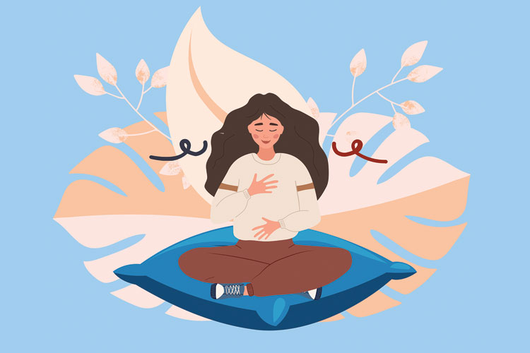 Illustration of a person with long brown air sitting on a cushion with a hand on their chest and their belly
